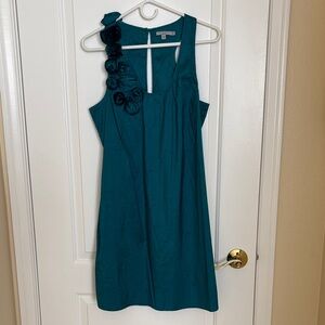 Calypso St. Barth 100% Silk Mini Sleeveless Shift Dress in Teal Floral Applique
